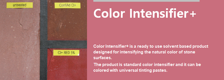 ConfiAd® Color Intensifier+ is a ready to use solvent based product designed for intensifying the natural color of stone surfaces.
The product is standard color intensifier and it can be colored with universal tinting pastes.

